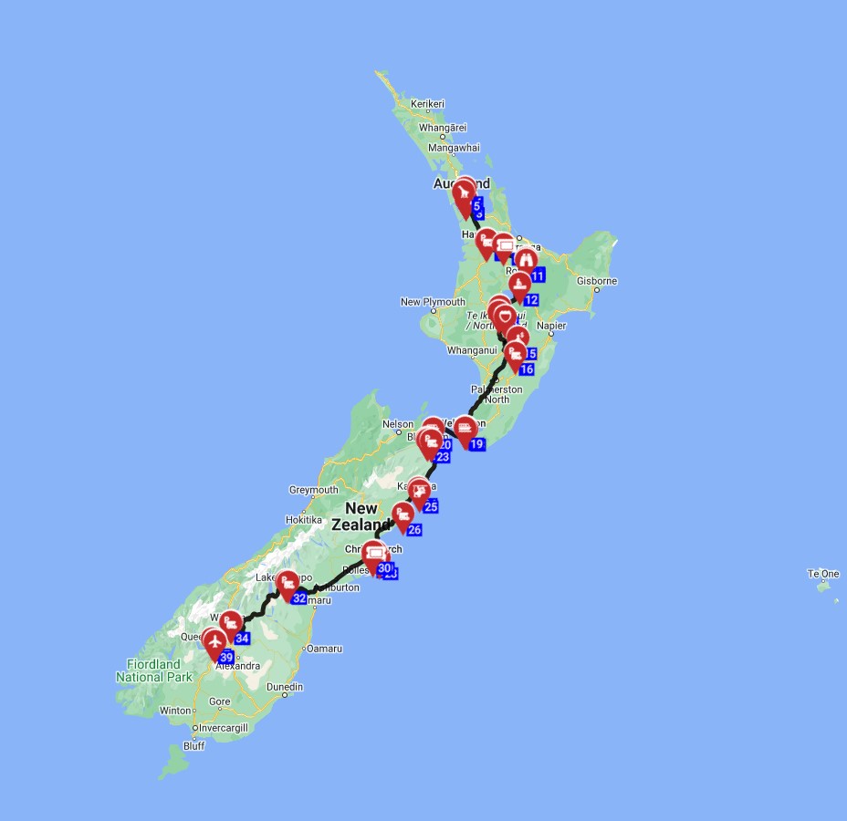 Map for Auckland to Queenstown - Kiwi Adventure